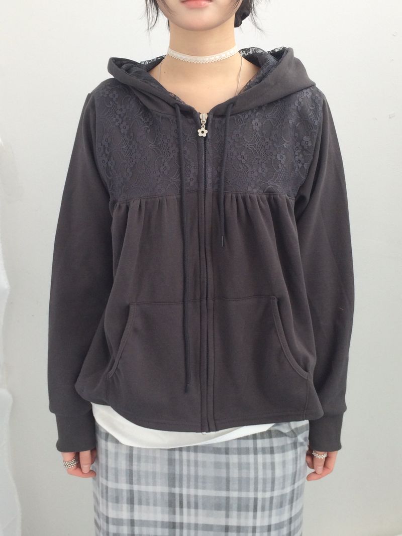 Flower Lace Half-Shirring Hooded Zip-Up