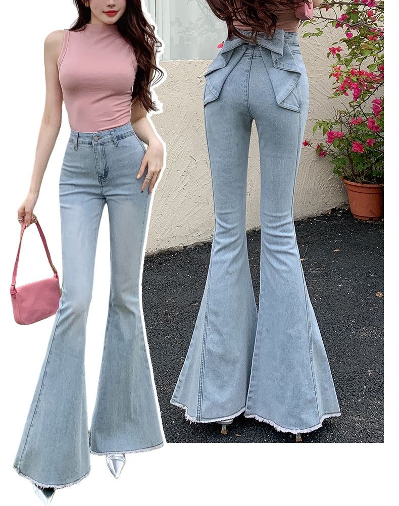 Ribbon Detail Denim Flare Pants