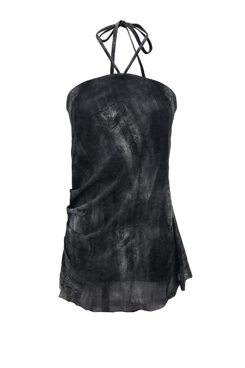 POCKET PRINTING HALTERNECK DRESS / BLACK