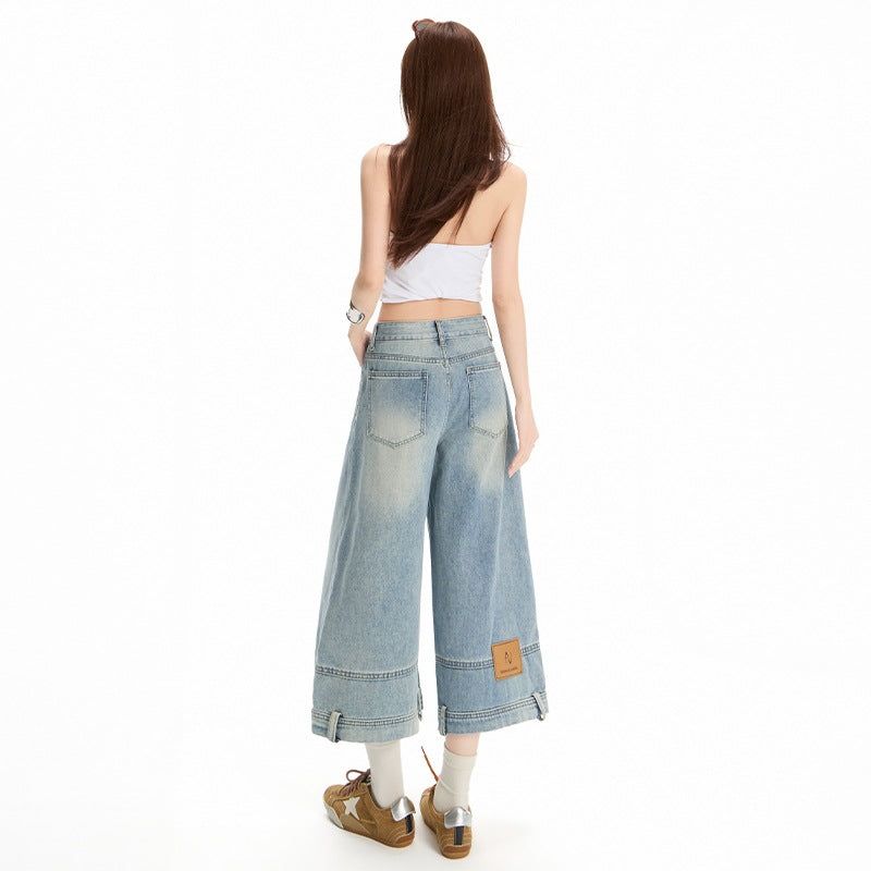 ライトウォッシュリバーシードストレートクロッピードデニムパンツ