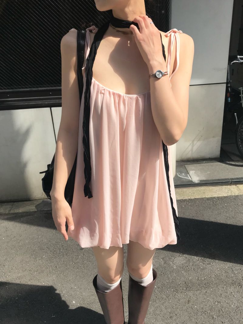 Peach Hug Ribbon Slip Pumkin Sleeveless Mini Dress
