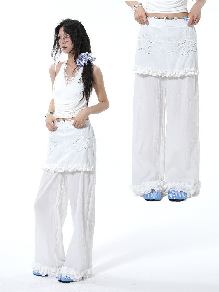 summon oak（サモンオーク）の「Summon Oak Starfish Embroidery Korean - Style Lace Fake Two - Piece Wide - Leg Pants for Women, Loose Tencel Long Pants for Spring and Summer（Pants）」