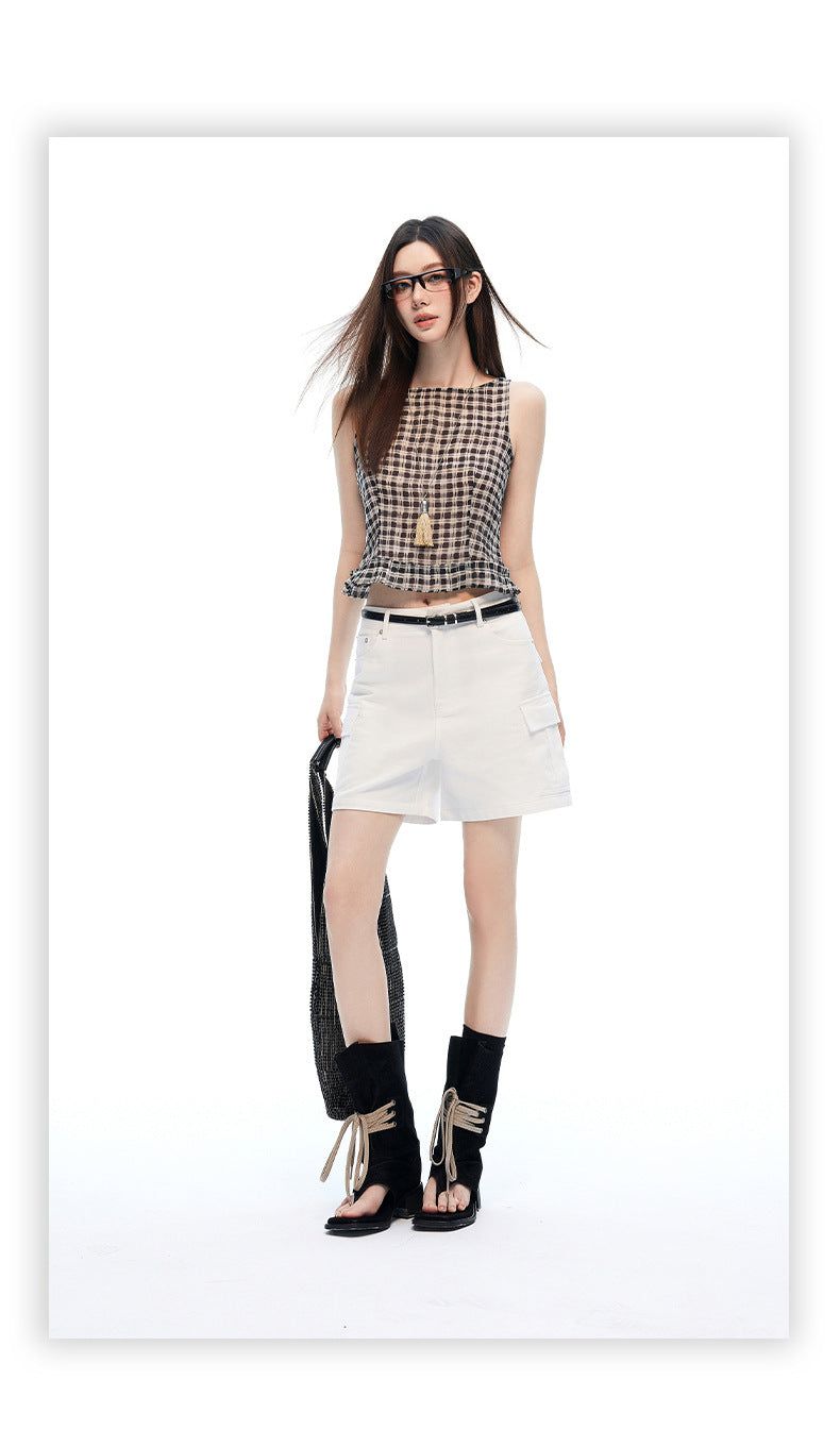 Mid Rise White Cargo Wide Leg Bermuda Shorts