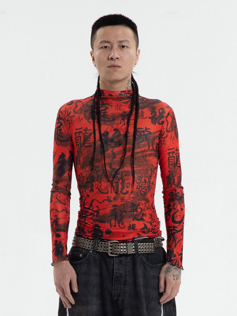 RTVG(RETROVEGAS) Chinese dragon fonts elasticity mesh clothing