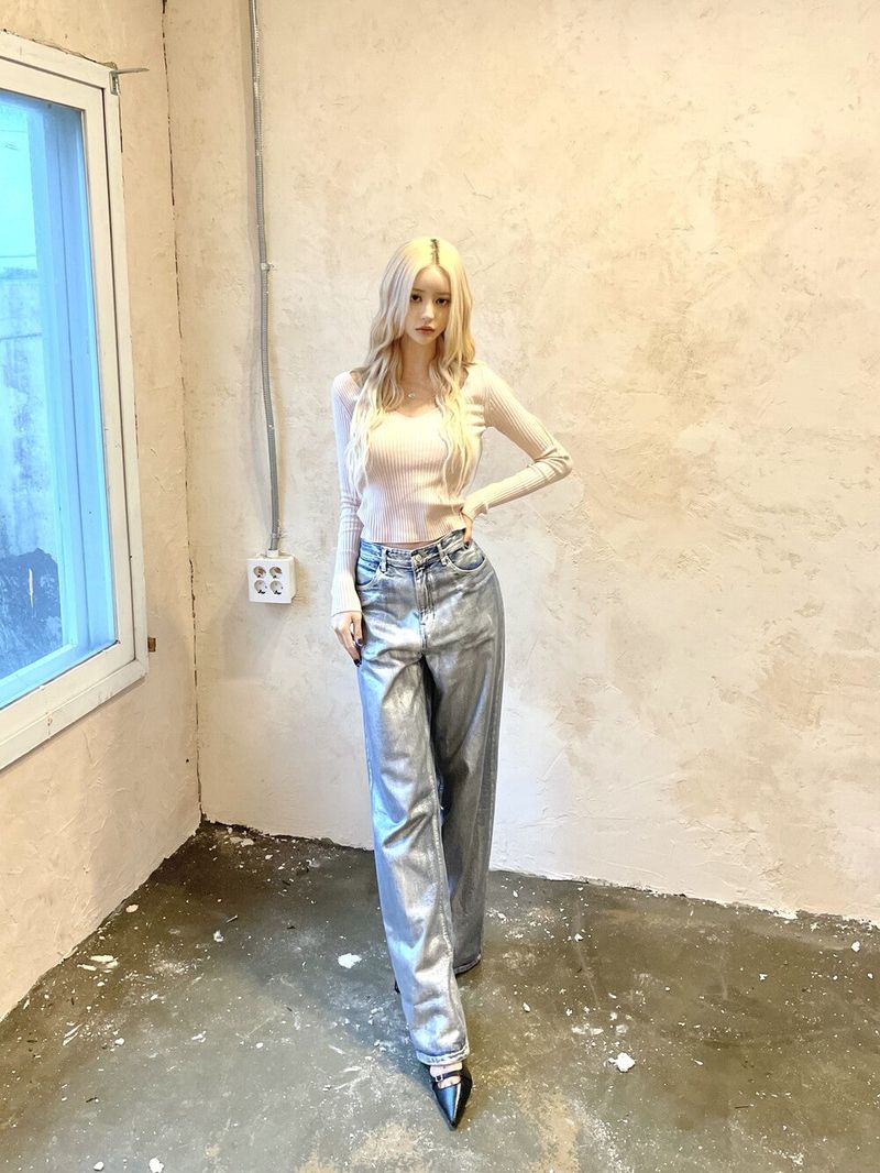  Silver coating denim low wide pt (2color)