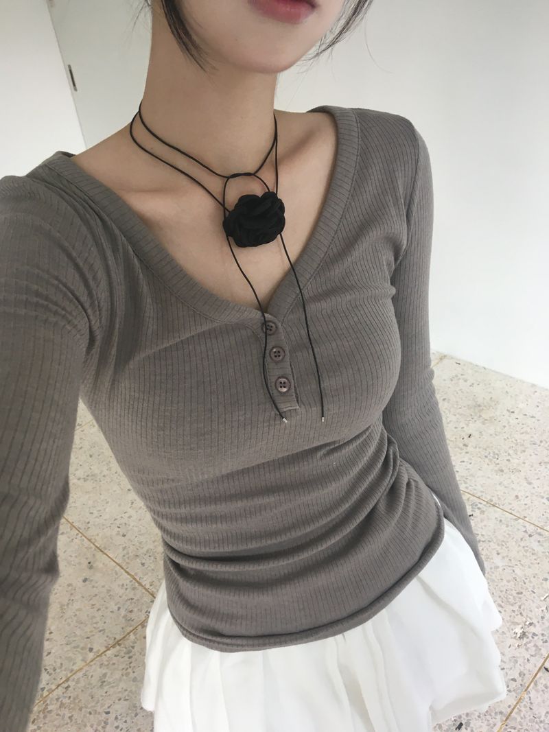 V-Neck Button Long Sleeve T