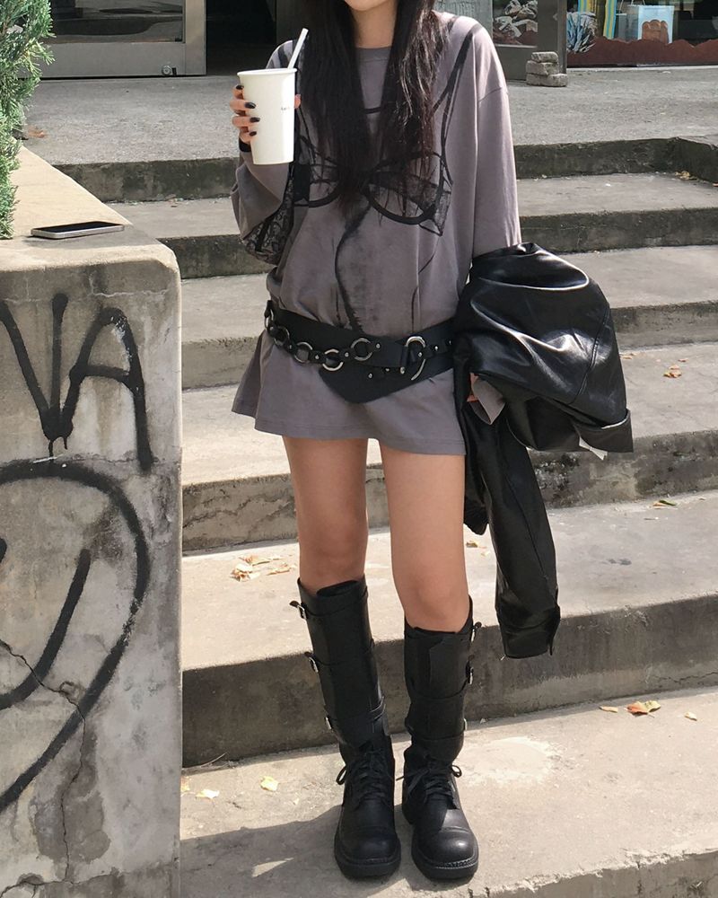 Strap leather long boots