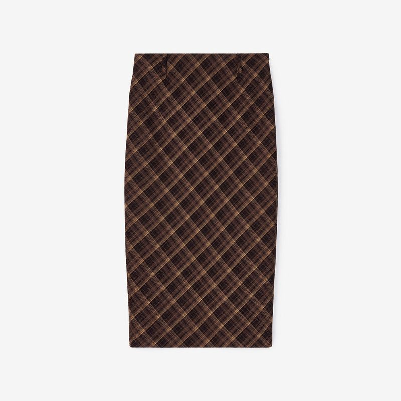 Slit Checked Long Skirt Brown