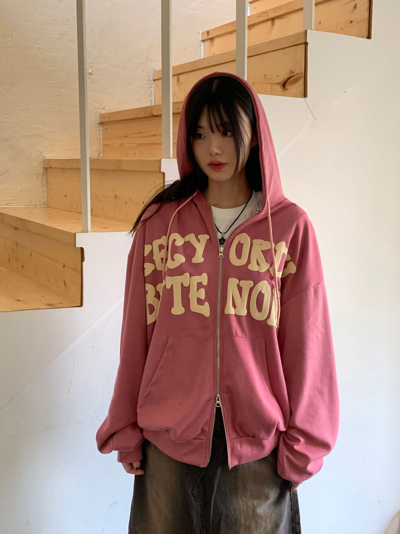 Before overfit lettering two-way hooded zip-up