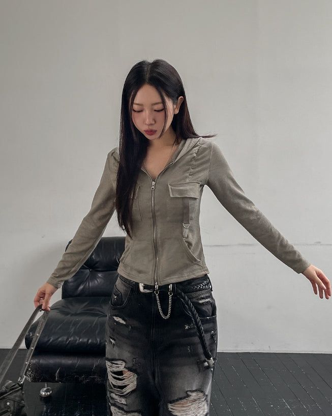 Caro Derring Strap Shirring Hooded Zip-Up