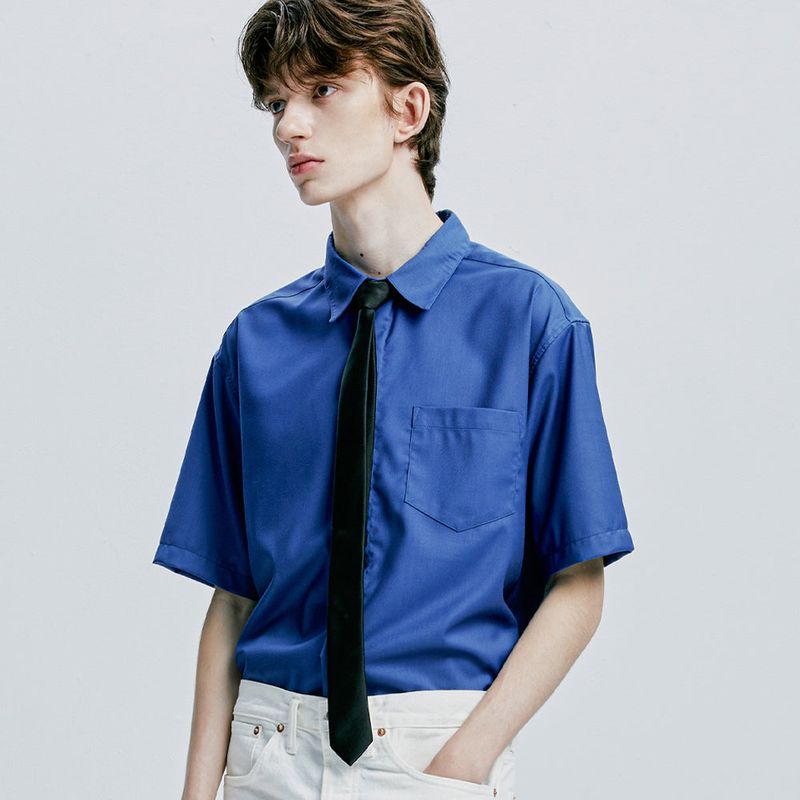 [SLIMTIE SET]fine twill tip half shirt blue