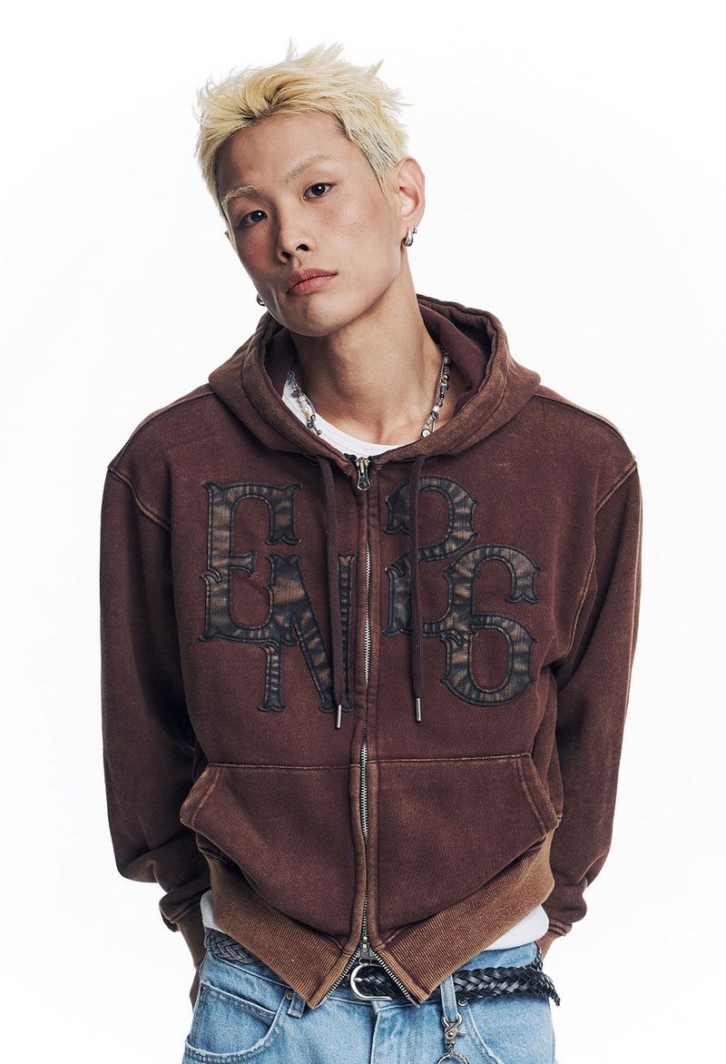 Washed Leather Patch Hooded Zip-Up - Brown
