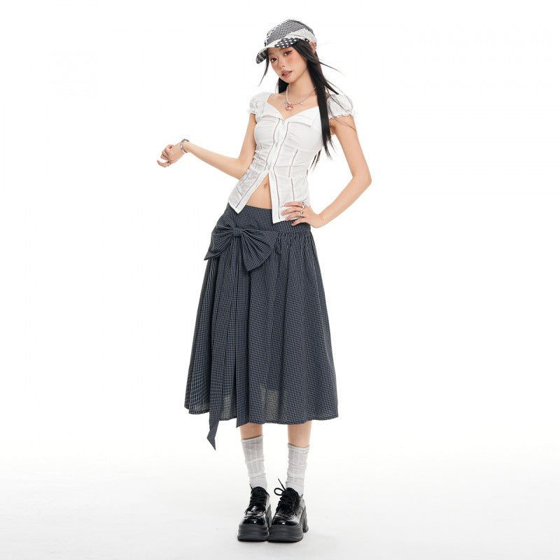 Navy Plaid Bow A-Line Midi Skirt