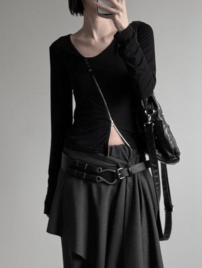 Wet Button Slit Zipper Long Sleeve Top