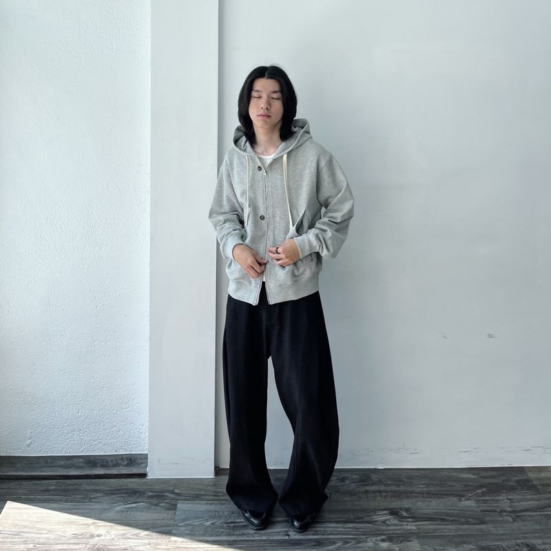 Button Detail Thick Drawstring Zip Hoodie