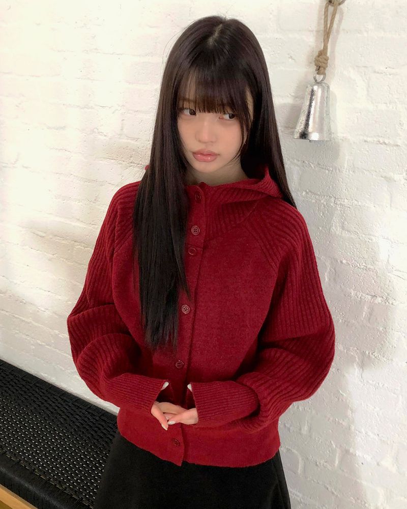 Sihan High-neck Angora hooded knit cardigan