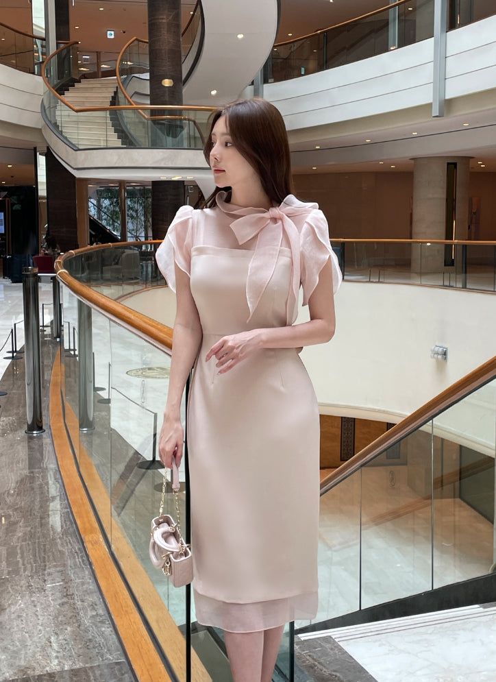 26SS★ Jenia Tie Chiffon Tulip Sleeve Long One Piece
