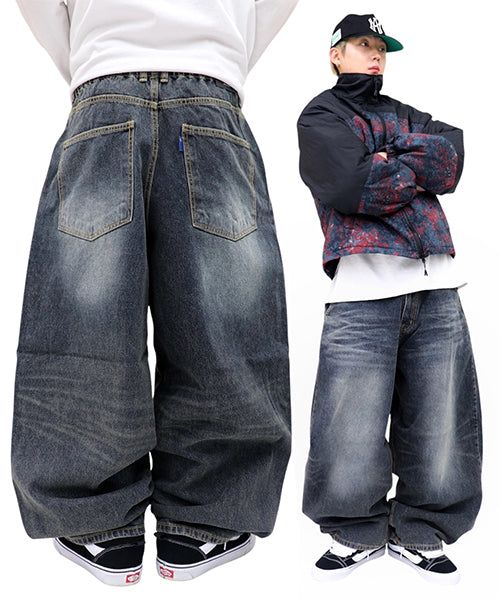 Wide Vintage-Washed Denim Balloon Pants