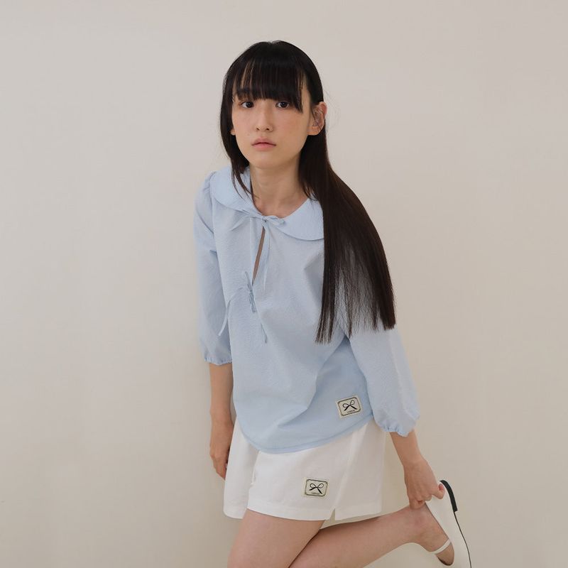Sky Blue Seersucker Ribbon Blouse