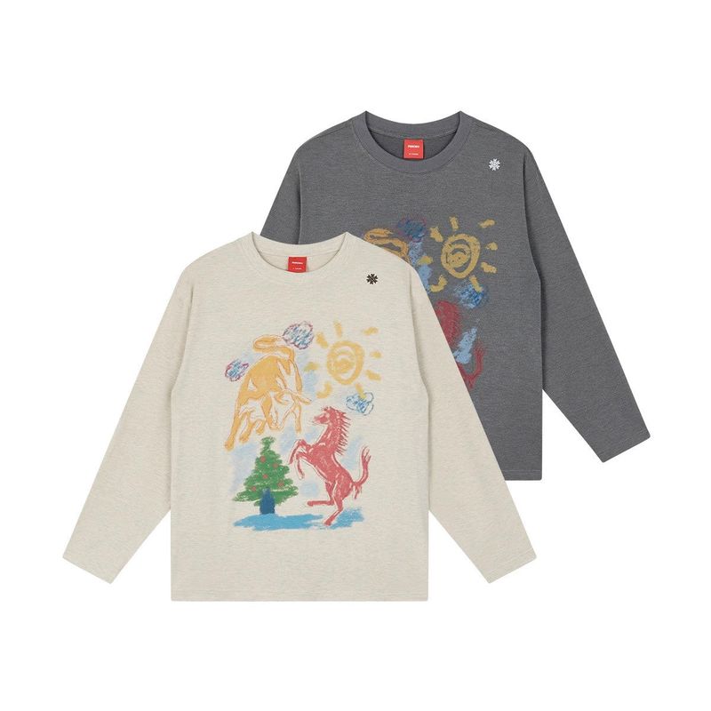 FMACM Bored and Mad 24AW Crayon Hand-Painted Cow Horse Comfortable Skin-Friendly Long Sleeve T-Shirt