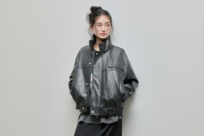 High-neck Leather Jacket_Black