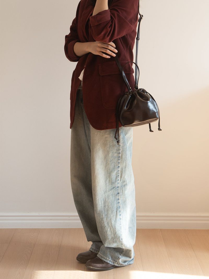 Leather Dumpling Bucket Bag - Brown