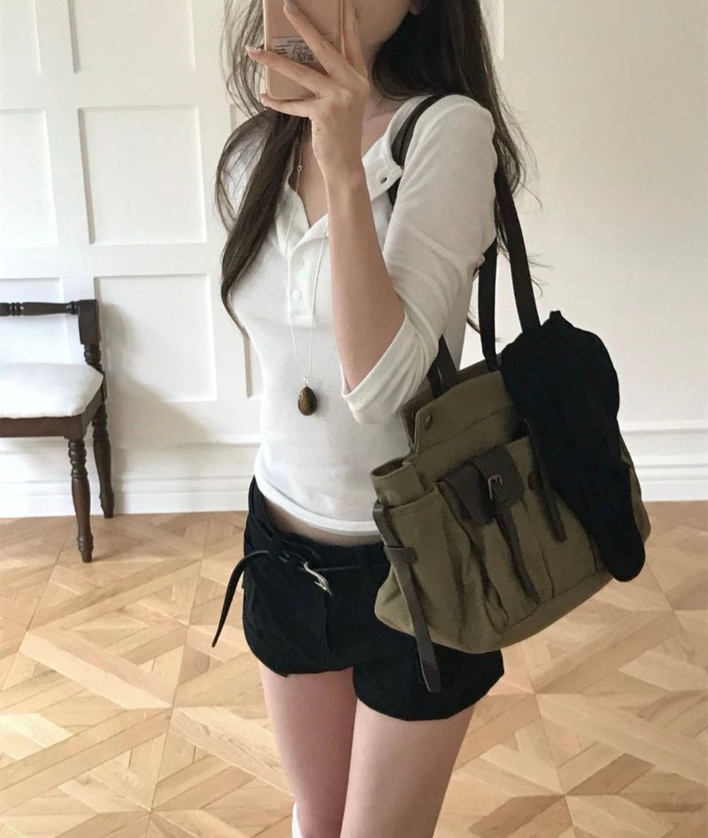 [glam] noid 3/4 sleeve button tee