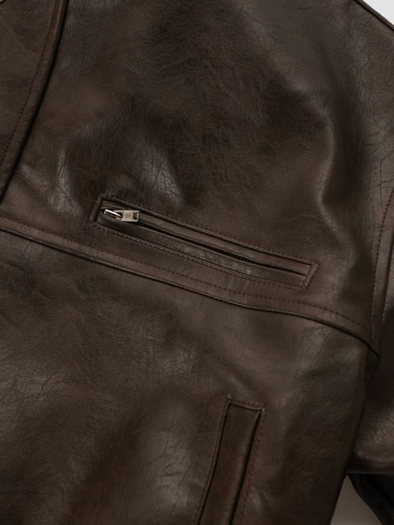 High-neck Leather Jacket_Brown