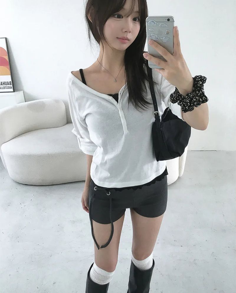 Rolled-up Henley Neck Two-Way T-shirt (6 colors)