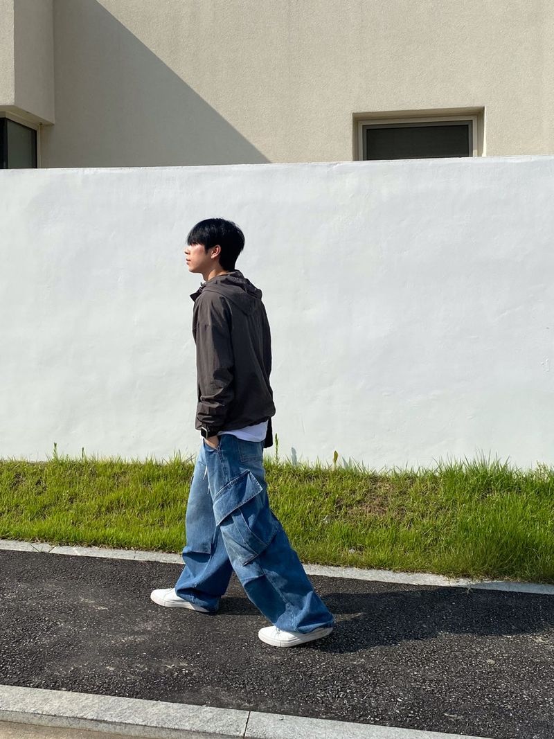 diagonal Washing balloon cargo denim pants 2C