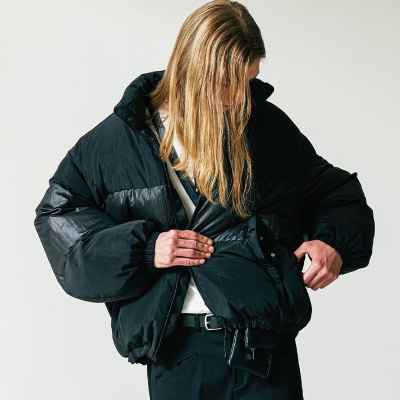 reversible wrinkles nylon high neck puffer