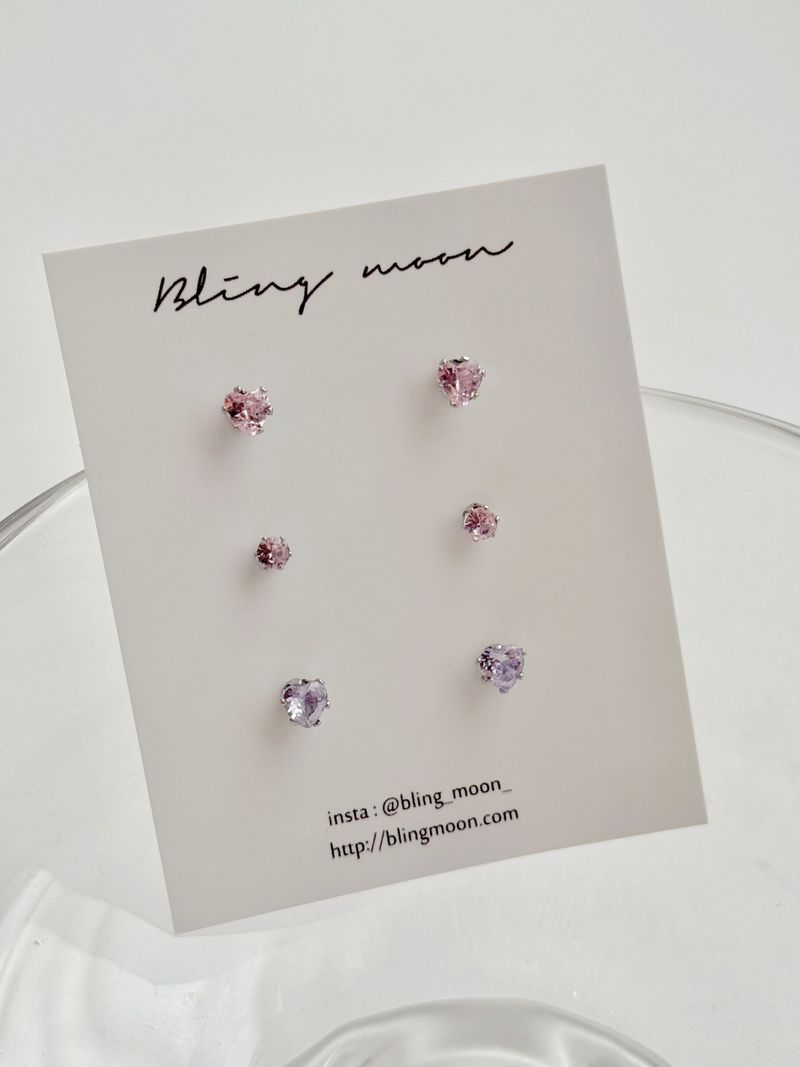 [3 set] surgical heart cubic earring set / 2 color / mini daily simple layered