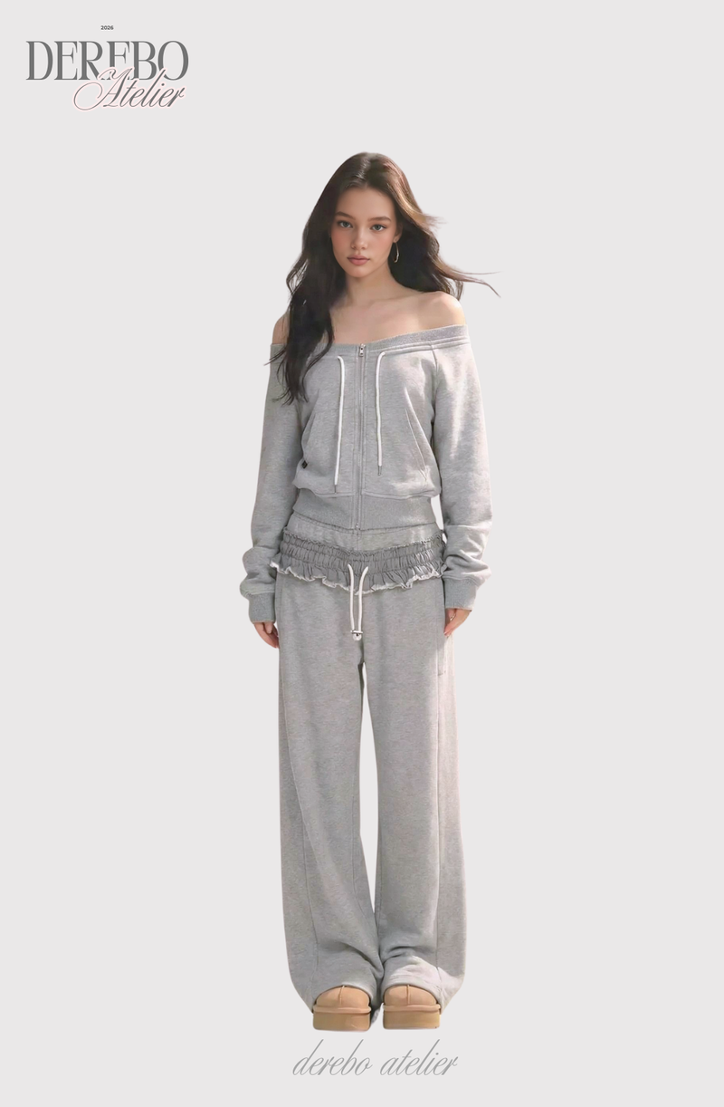 Grey off-shoulder zip-up frill training setup (SET)