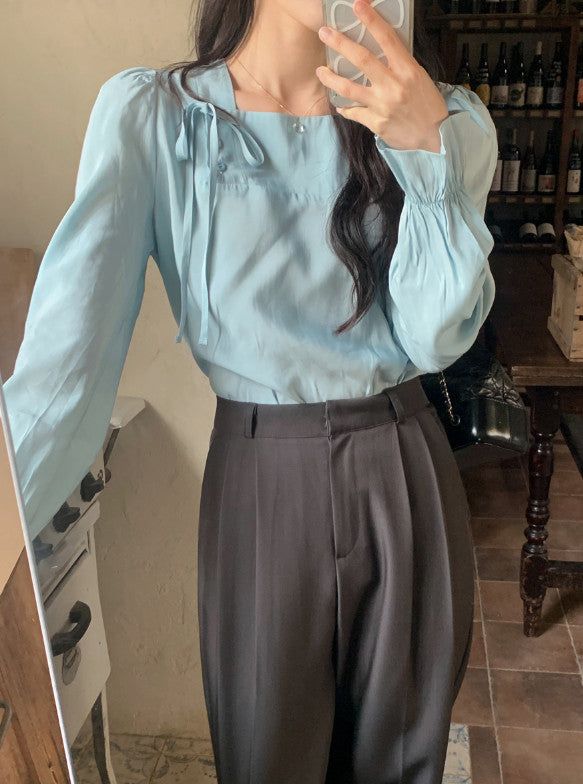Silky Square Ribbon Frill Blouse (3color)