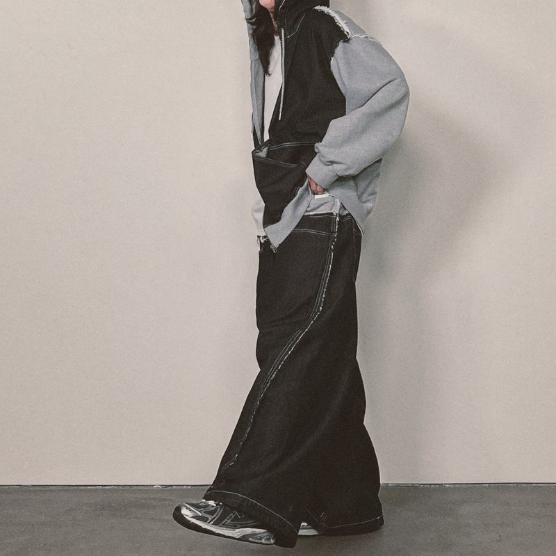 layered deconstructed denim pants_black