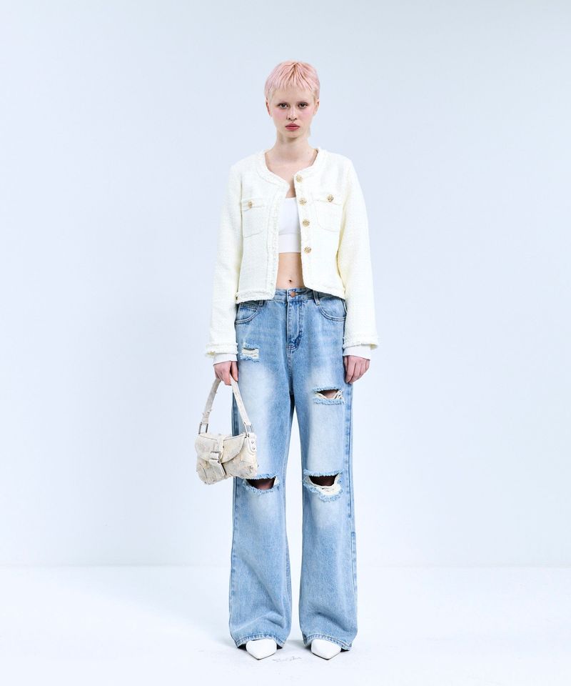 85-VIVAJ057 Line Fringe Crop Tweed Jacket White