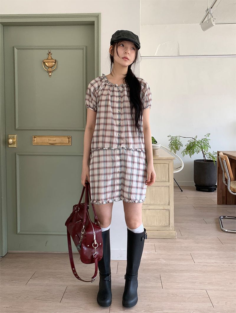 SAGE CHECK FRILL DRESS (2C)
