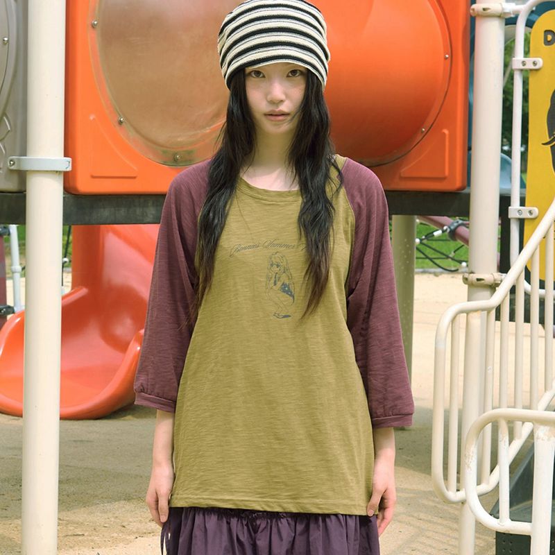 KOOKEESEE（クキシ）の「Bonnie Two Tone Slub Raglan Tee (khaki/wine)（Tops）」