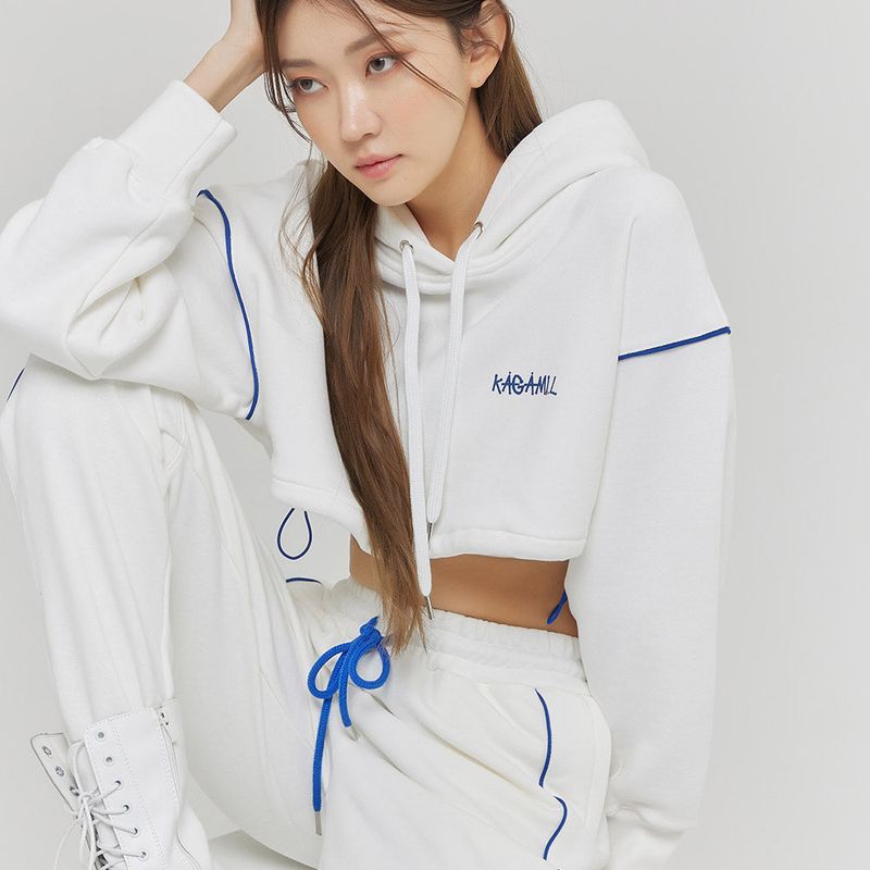 Oversize Line Point Crop Hoodie White