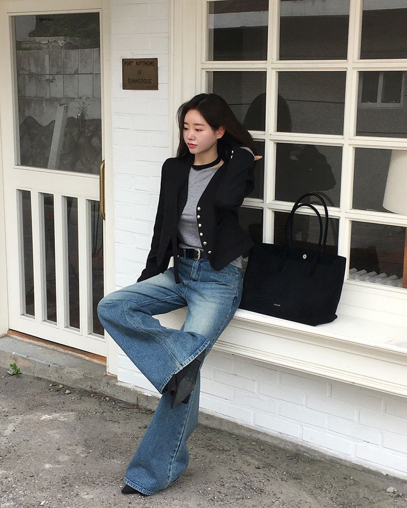 No-Collar Tweed Jacket with Tie Set