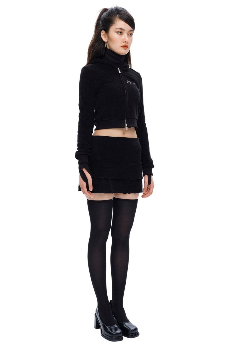 [IHD003-1] TERRY CROP HOOD ZIP UP BLACK