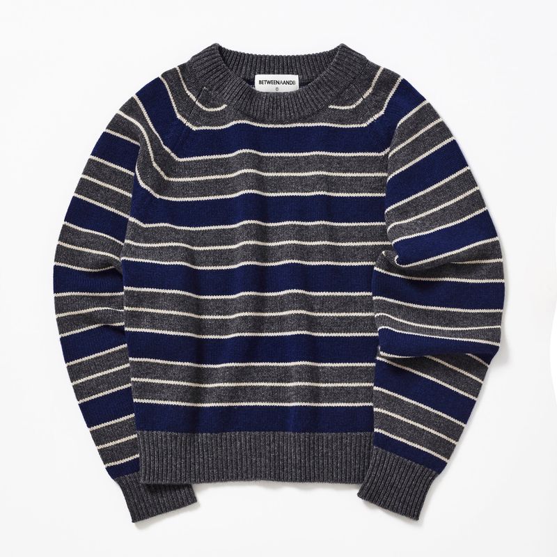 CASHEMERE WOOL BLENDED STRIPE KNIT PULL OVER_NAVY