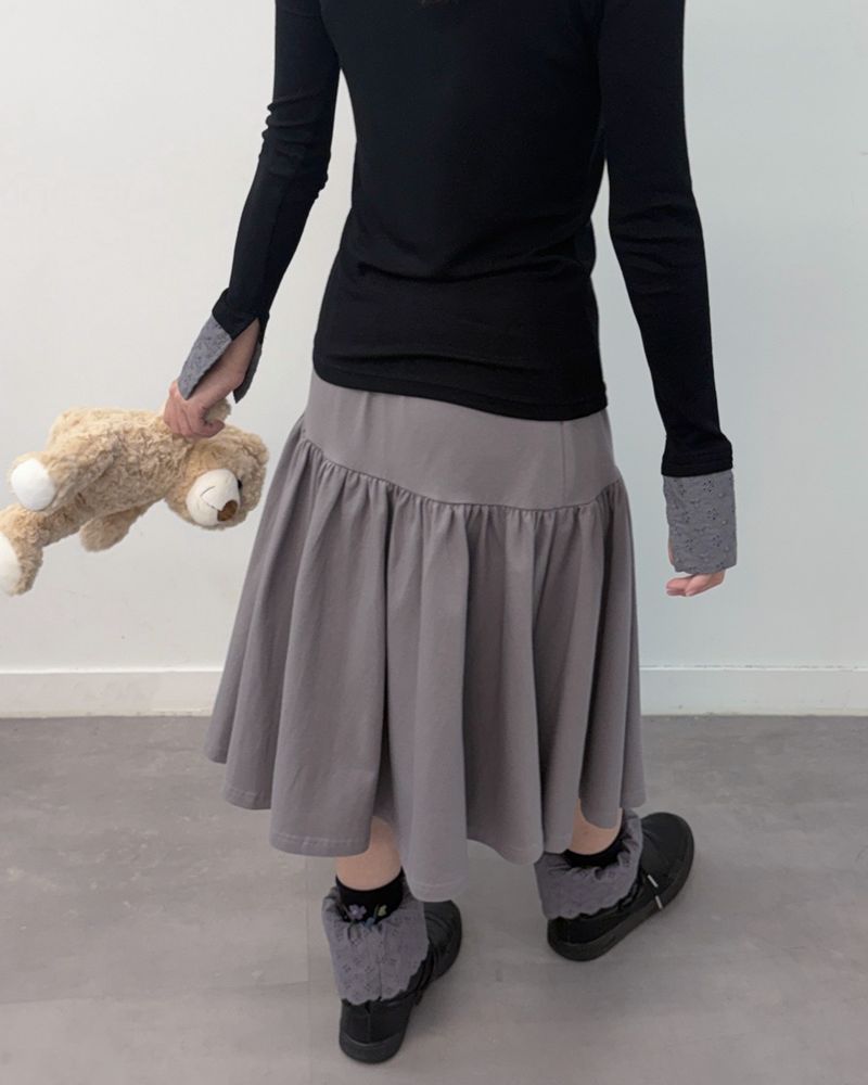 Lace Button Shirring Skirt (light grey)