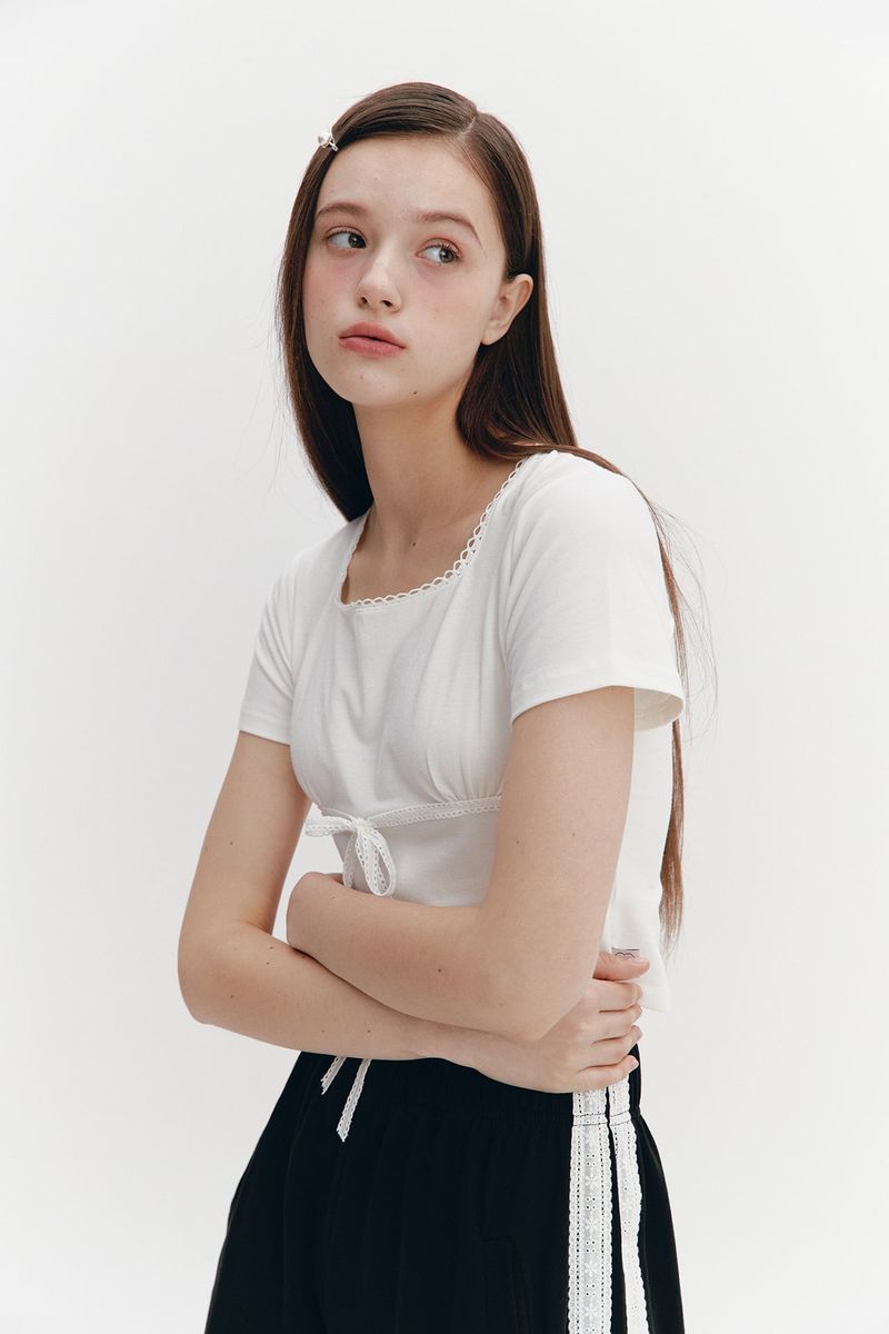 Lace Ribbon Shirring Top Ivory