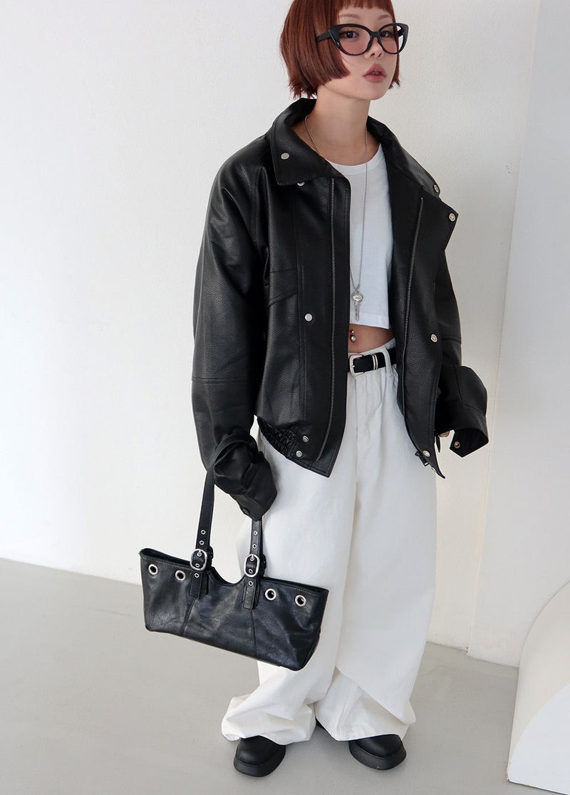 Laurent high neck leather jacket