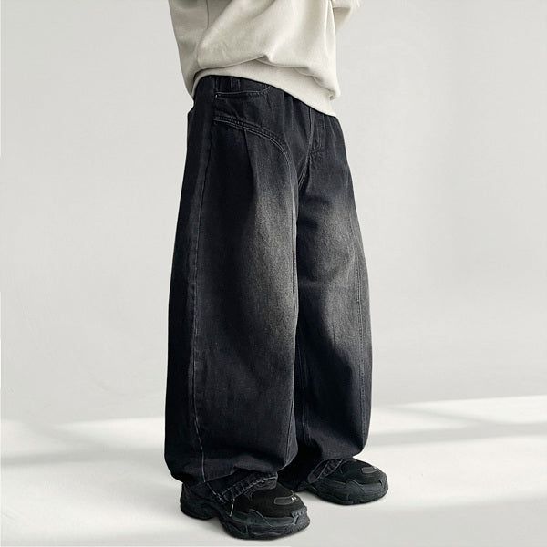 Dart Waistband Pintuck Curve Denim Wide Pants (2 colors)