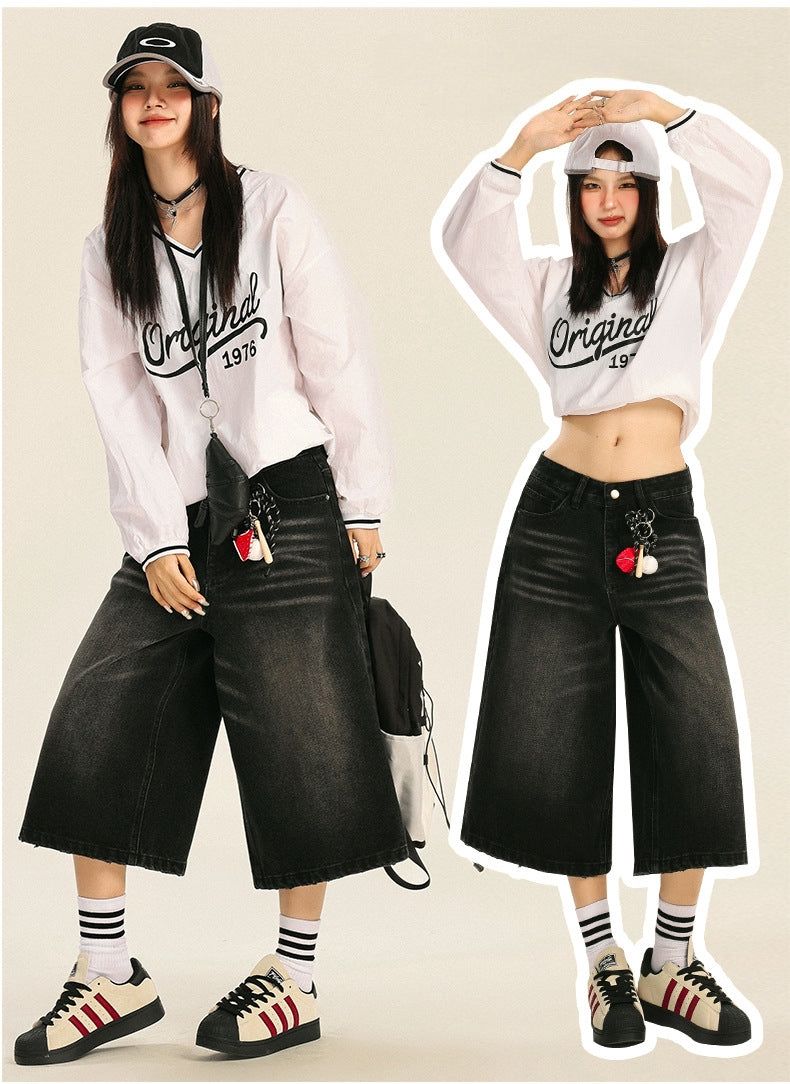 American retro loose-fitting washed distressed wide-leg capri pants