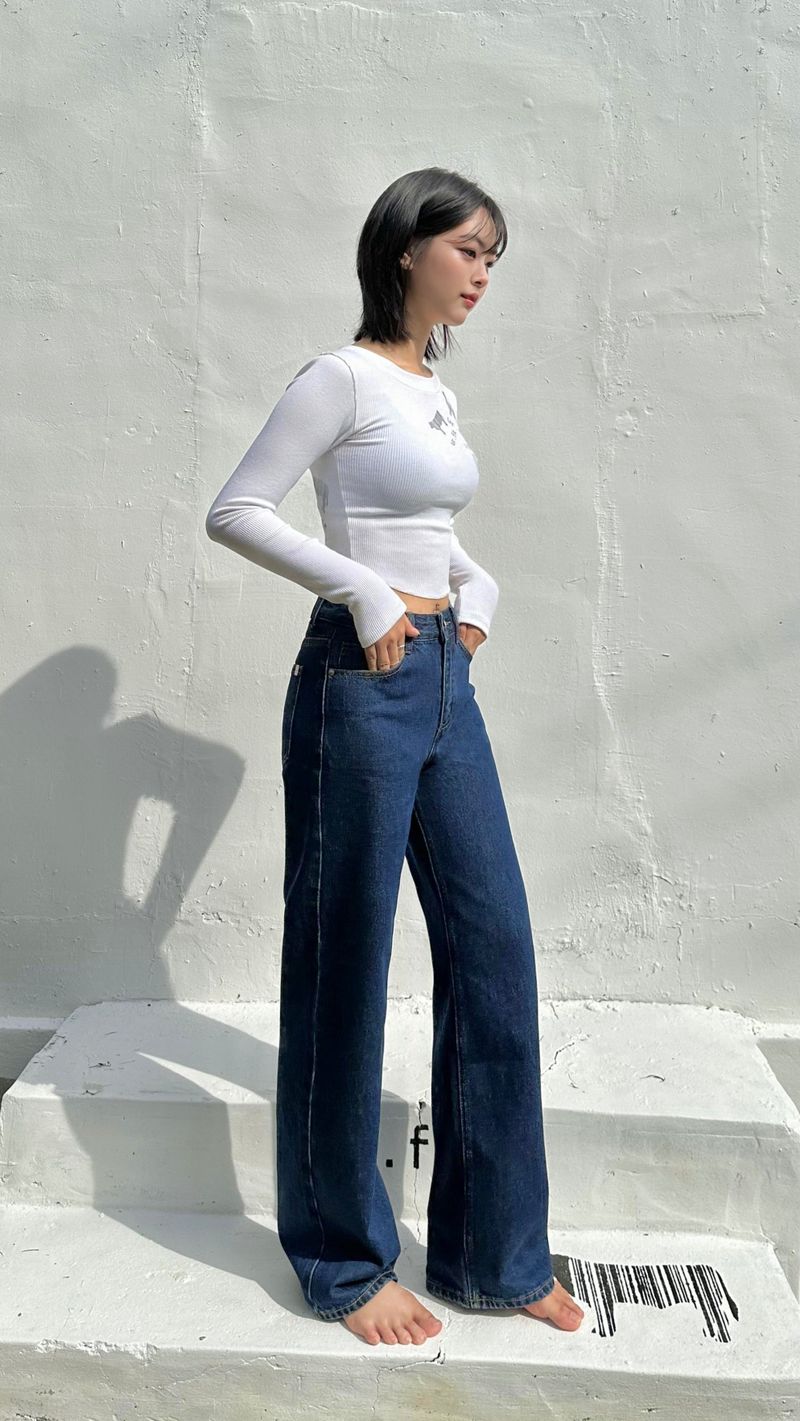SEMI WIDE DARK BLUE DENIM PANTS code 18306