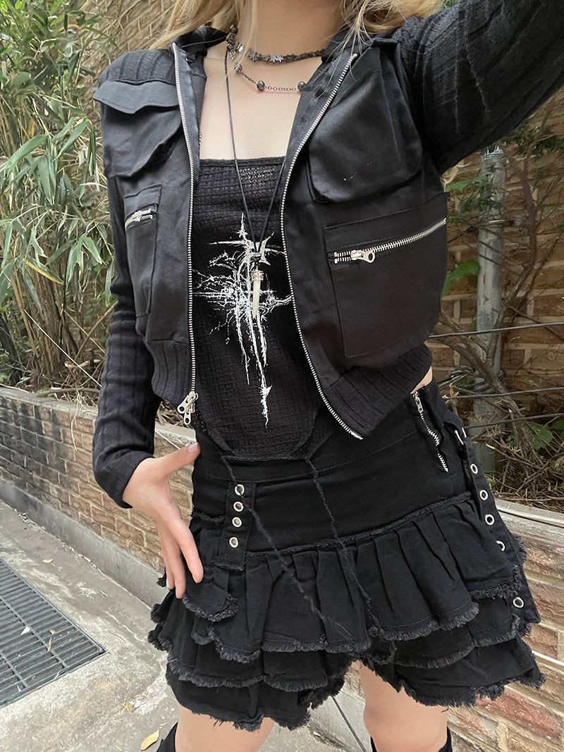 Cropped Two-Way Cargo Hood Zip-Up