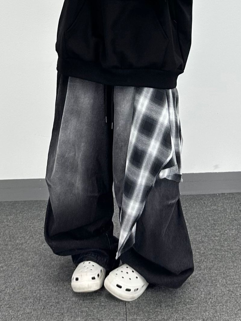 チェックレイヤーデニムパンツ